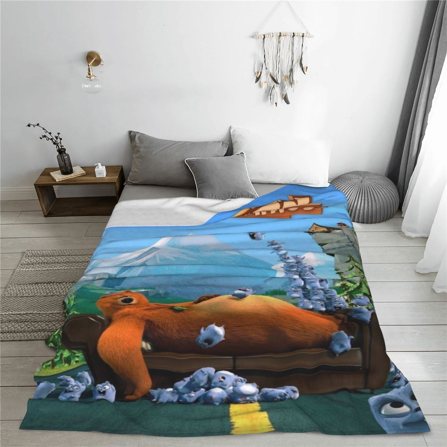 Soft polyester Grizzly & The Lemmings printed flannel throw blanket features a contemporary style with digital print and knitted craftsmanship. It showcases a charming design that is versatile for use on the sofa, bed, office, travel, and camping. This