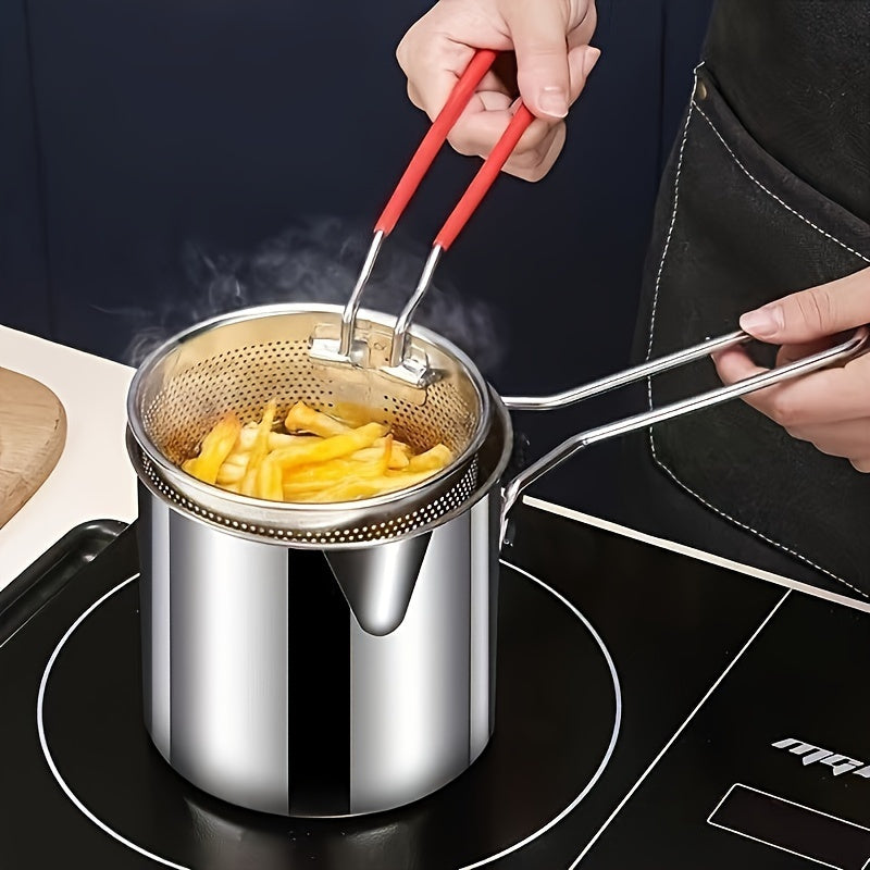 1.2L stainless-steel deep fryer pot with strainer basket and long handle.