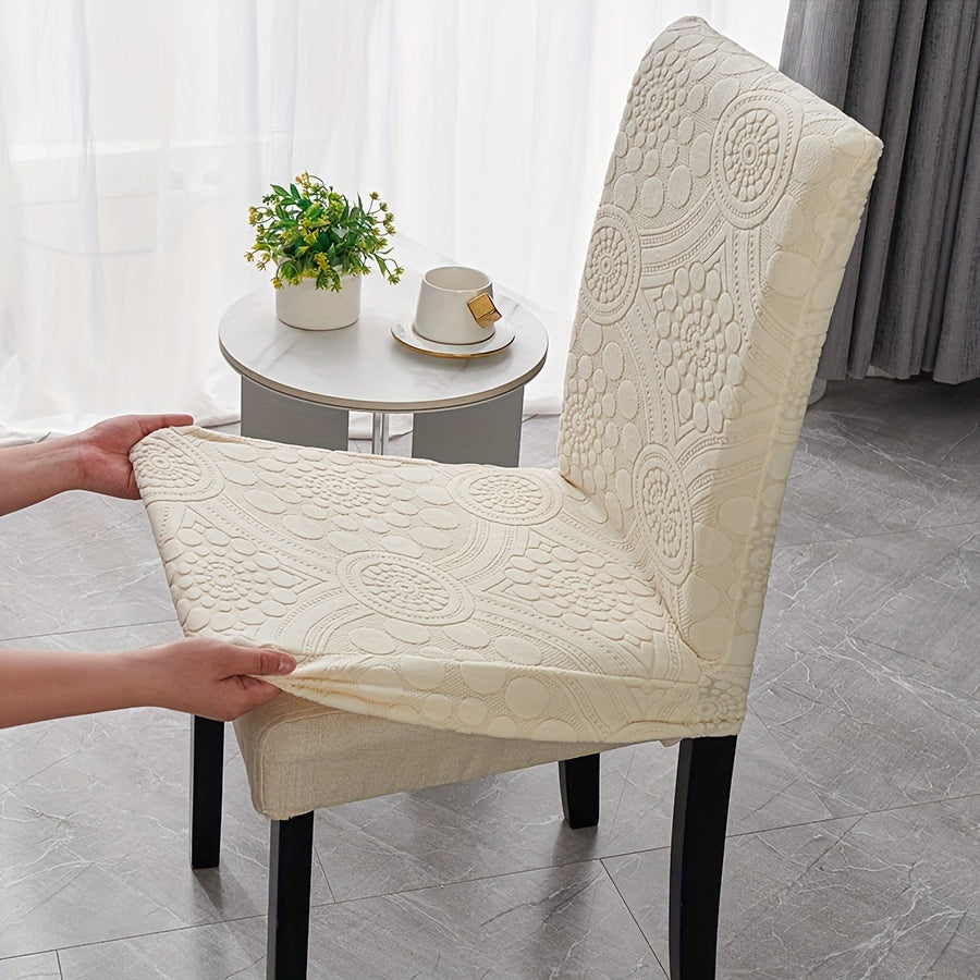 Boho style chair slipcovers available in sets of 6, 8, or 10. Made of stretch jacquard fabric with a slipcover-grip feature, these waterproof and machine washable polyester covers are designed for dining, office, banquet chairs, and home decor. Easy to