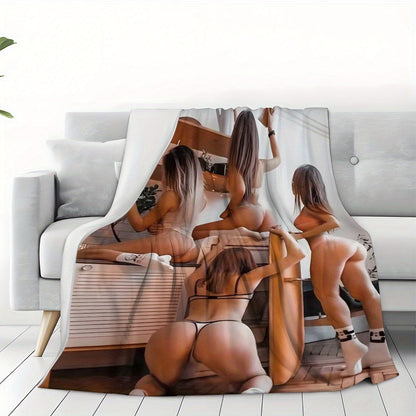 [trusted] Soft flannel throw blanket featuring a sexy and bold AI-designed pattern of a blonde model with a voluptuous figure. Perfect as a gift for friends, this versatile blanket can be used as a shawl or for cozy naps in the living room, bedroom