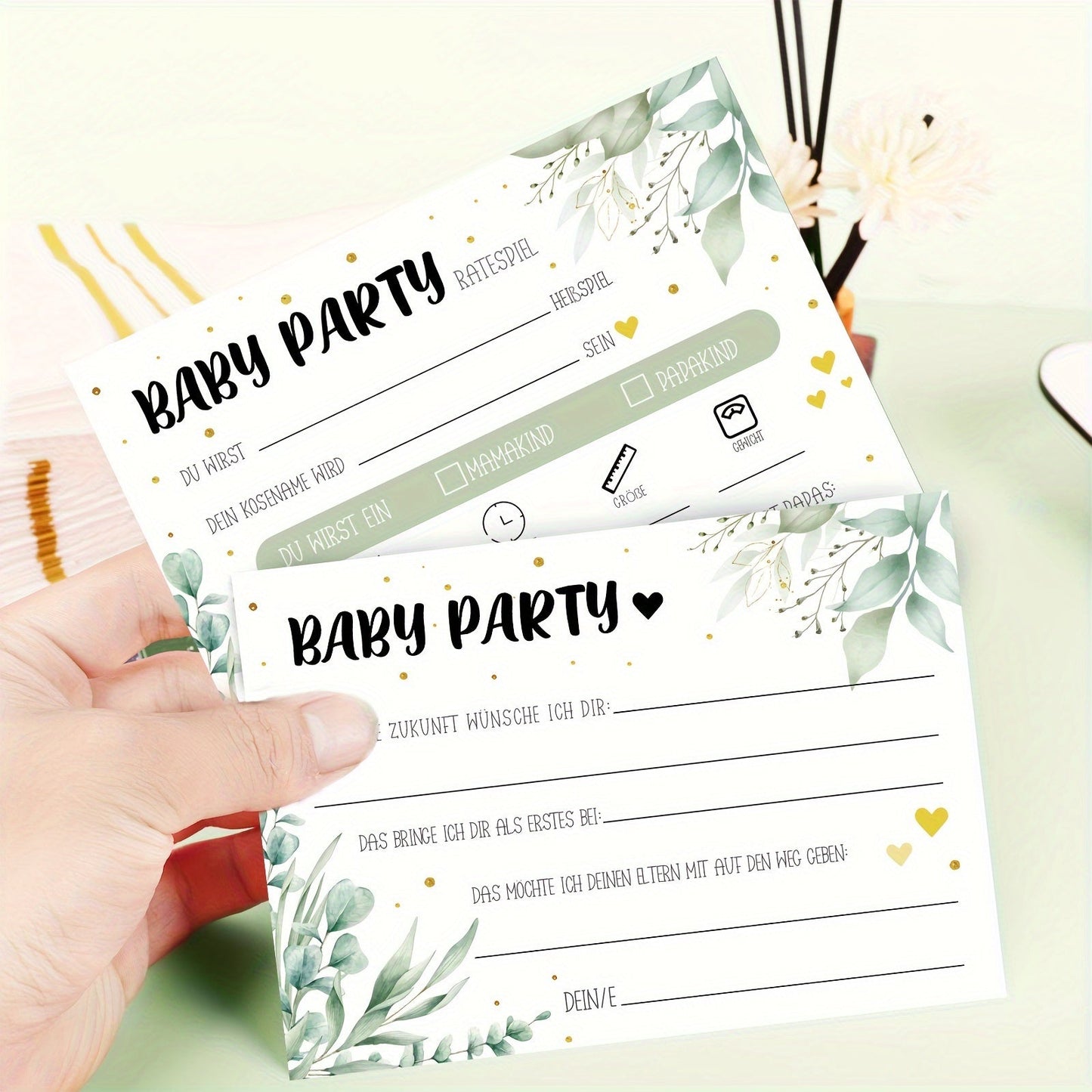 25 Double-sided Cards for Kids' Party Games - Featuring Eucalyptus Golden Decoration Design in German - Enhance Your Youngsters' Party with Fun and Creativity