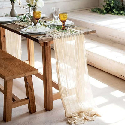 Boho cheesecloth table runner for various occasions and home decor.