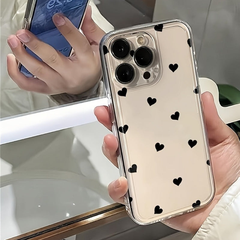 1pc Black Small Love Trend Pattern All-Inclusive Transparent TPU Phone Case for various iPhone models.