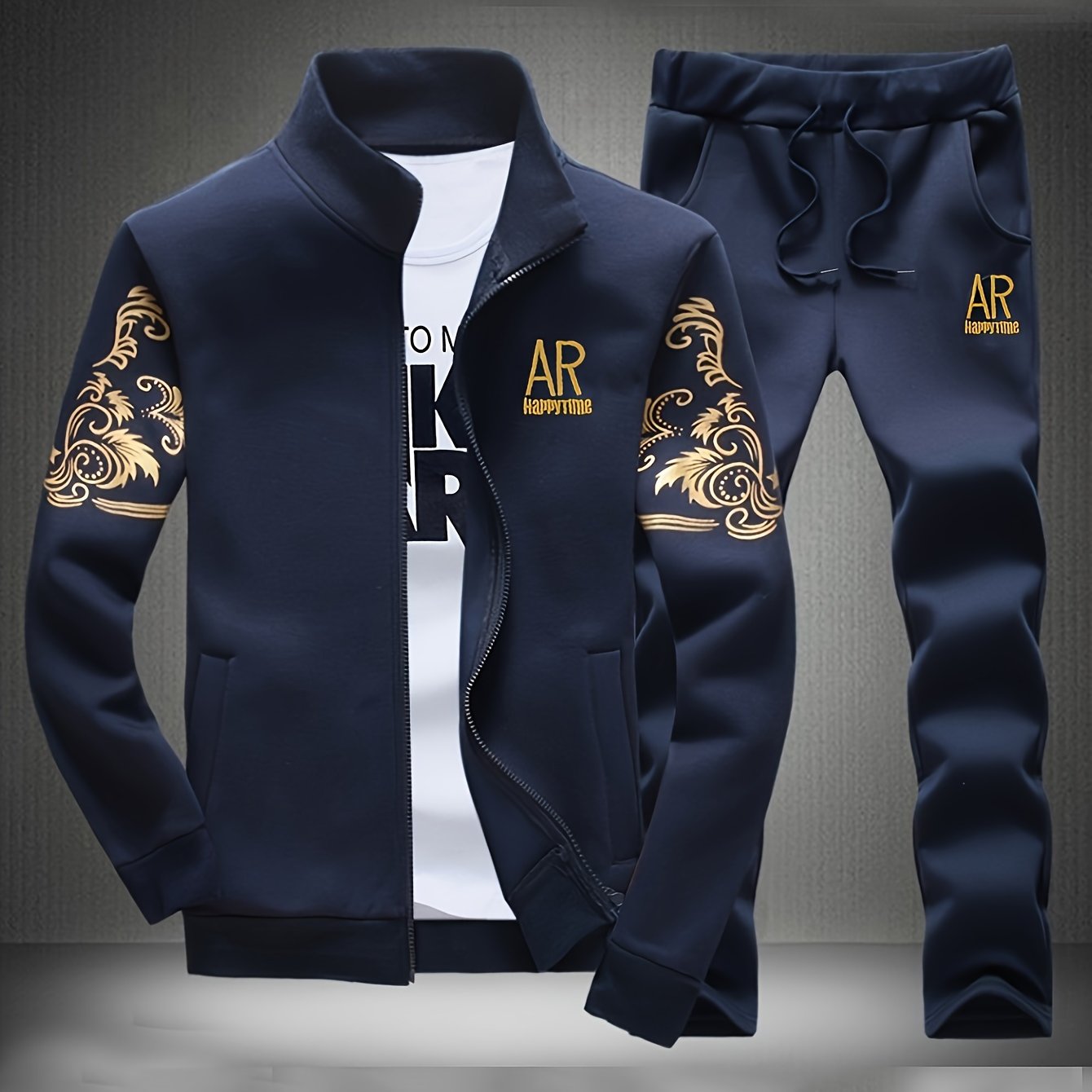 Men's casual sports outfit set with long sleeve, floral print, pockets, and regular fit.