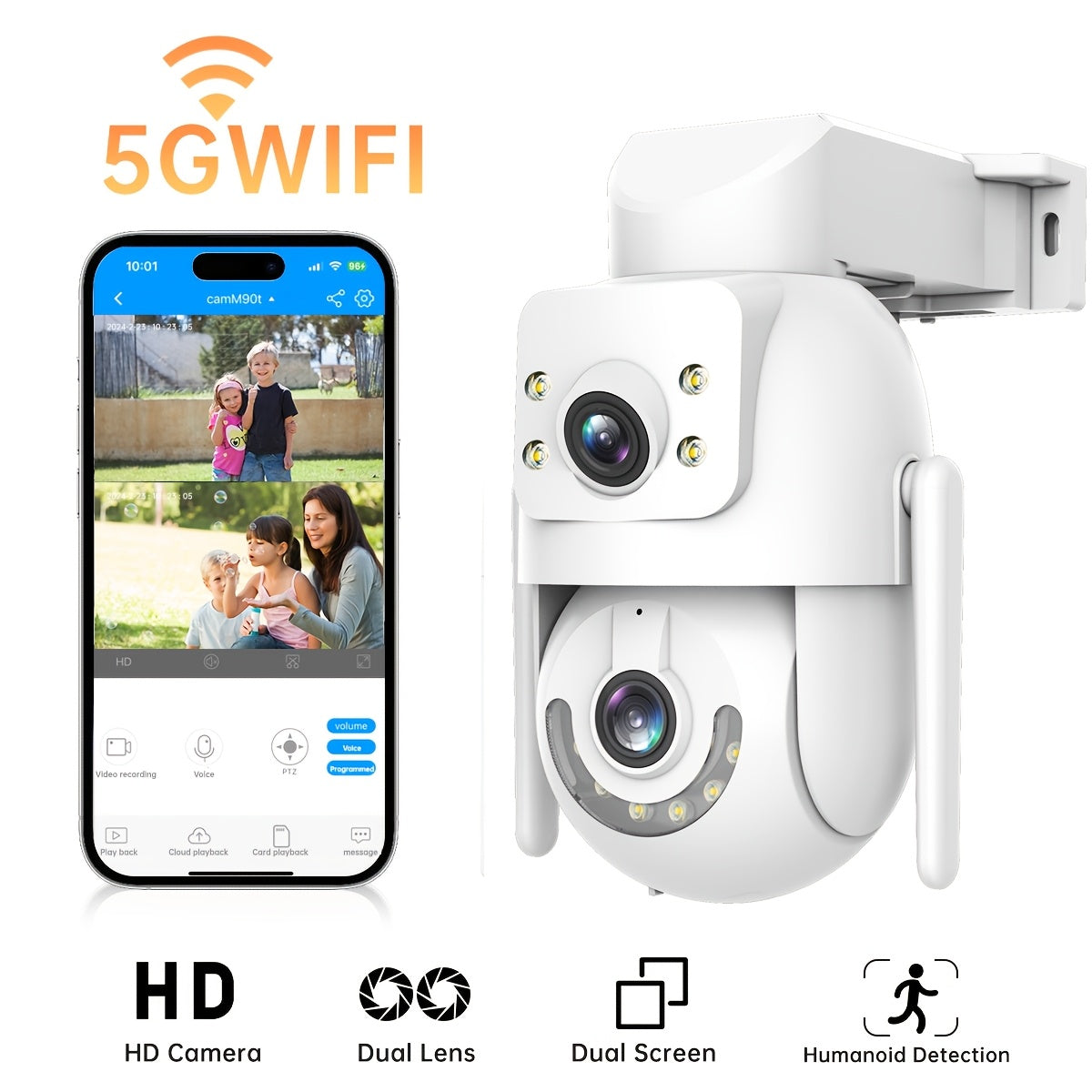 Upgrade your home safety with the JOOAN HD 1080p Dual Lens Security Camera, featuring 360-degree remote surveillance, two-way audio, full color night vision, and Wi-Fi connectivity. This app-controlled camera is USB powered and has an irregular shape for