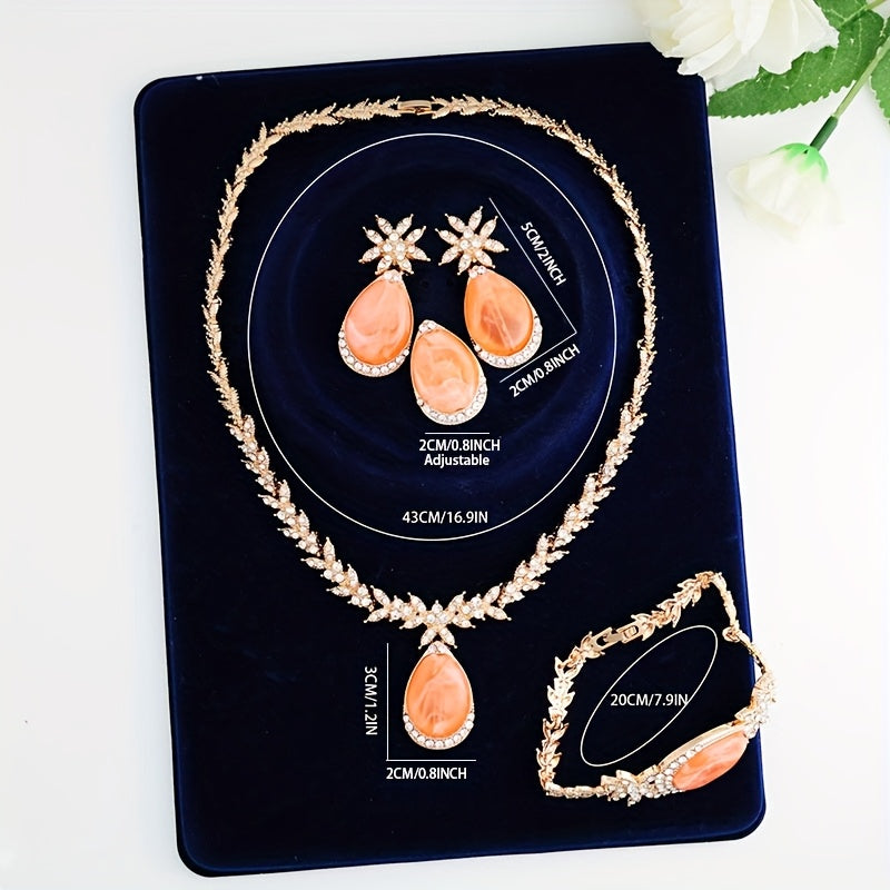 Experience luxury with our 18K Gold Plated Alloy Jewelry Set adorned with sparkling rhinestones. This 4-piece set oozes elegance and is perfect for your vacation outfits. Ideal for weddings, gifts, and Valentine's Day, our Gold Plated Bridal Party Sets