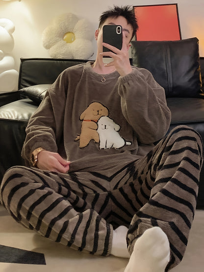 Warm Men's Cartoon Fleece Pajama Set for Fall/Winter home wear