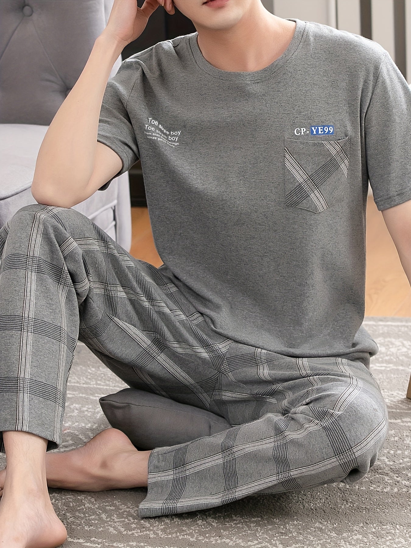 Men's summer pajamas made of pure cotton with short sleeves and long pants, lightweight and available in plus sizes for young adults.