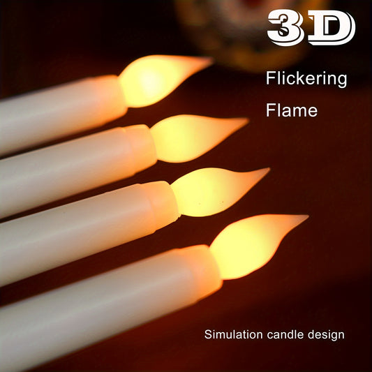 Battery operated flickering LED taper candles in a 6-pack for indoor seasonal celebrations. Plastic jars with switchable AAA battery operation (batteries not included).