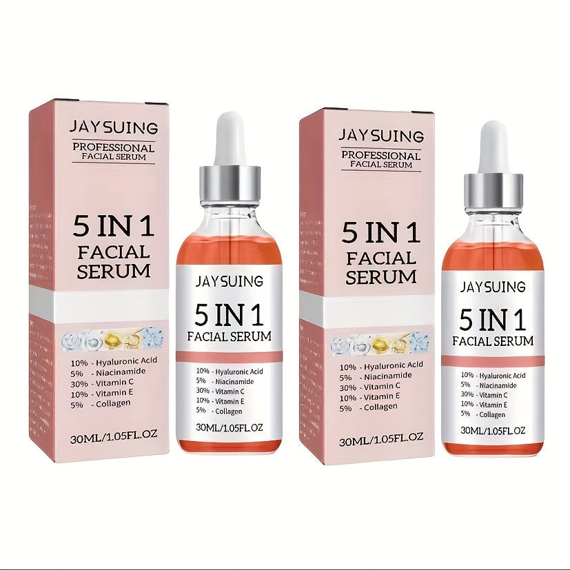 2pcs JAYSUING 5-in-1 Facial Serum with Hyaluronic Acid, Collagen, Niacinamide, Vitamin C & E. Controls oil, minimizes pores, and moisturizes all skin types. Hypoallergenic. 30ml each.