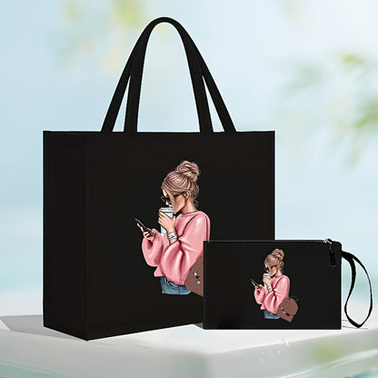 Women's tote bag set with coin purse, featuring cute girl print on black faux leather. Magnetic closure with fixed straps and faux leather lining.