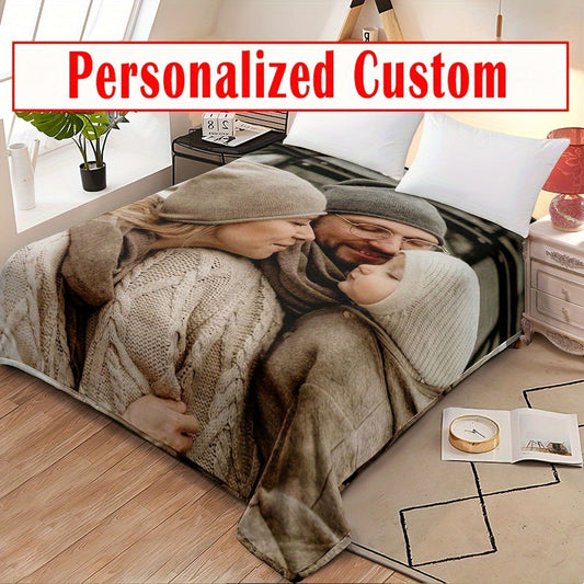 One Custom Flannel Bed Blanket with Your Own Photo & Text - Reversible Microfiber Throw for All Seasons, Easy to Clean, Personalized Digital Print for Christmas, Halloween, Birthdays, and Weddings - Includes 1 Blanket