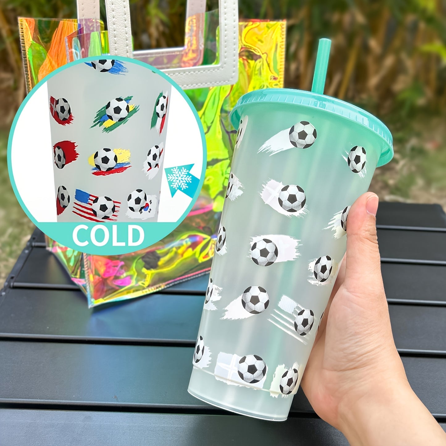 24oz PP temperature sensing plastic straw cup changes color when cold, football design, gift.