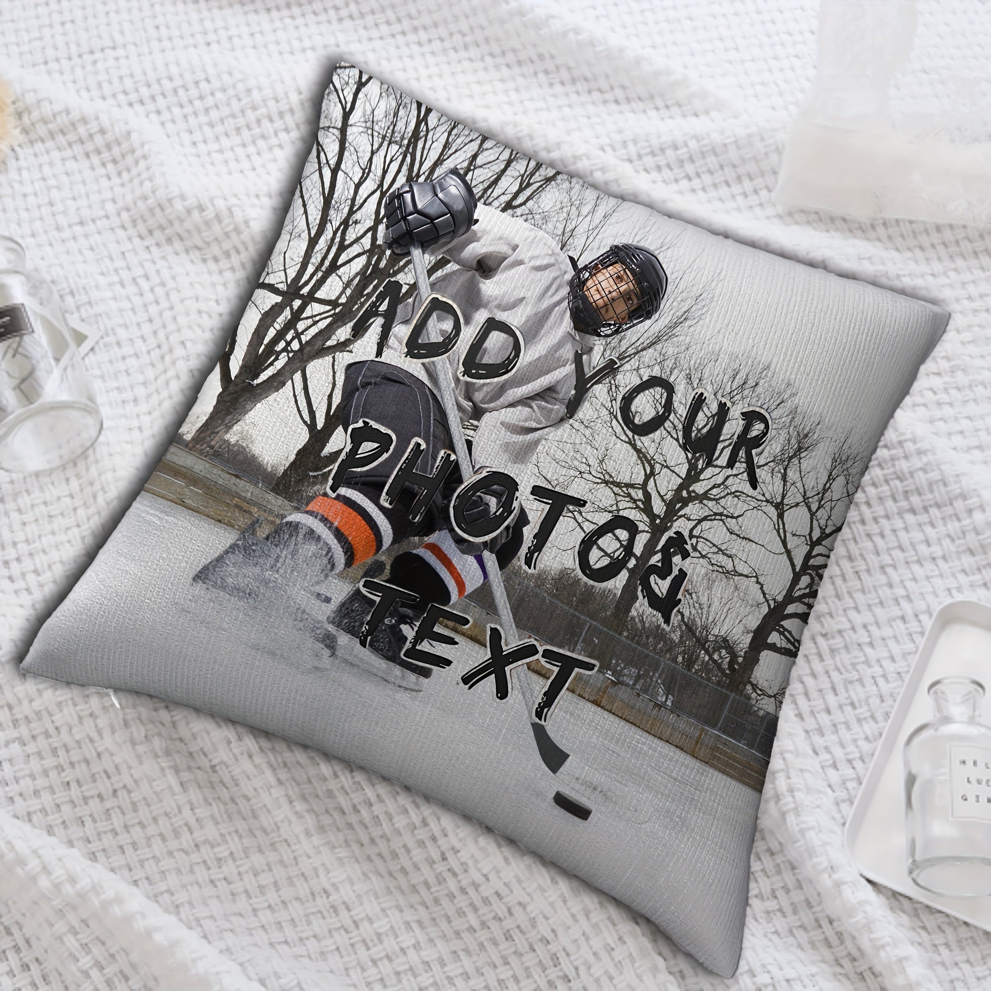 Personalized Ice Hockey Player Photo Pillow Cover, 45.72x45.72 cm, Soft Plush Pillow for Valentine's Day, Christmas, Thanksgiving, Anniversary, Single-Sided Design, Insert not included - Mixed Colors