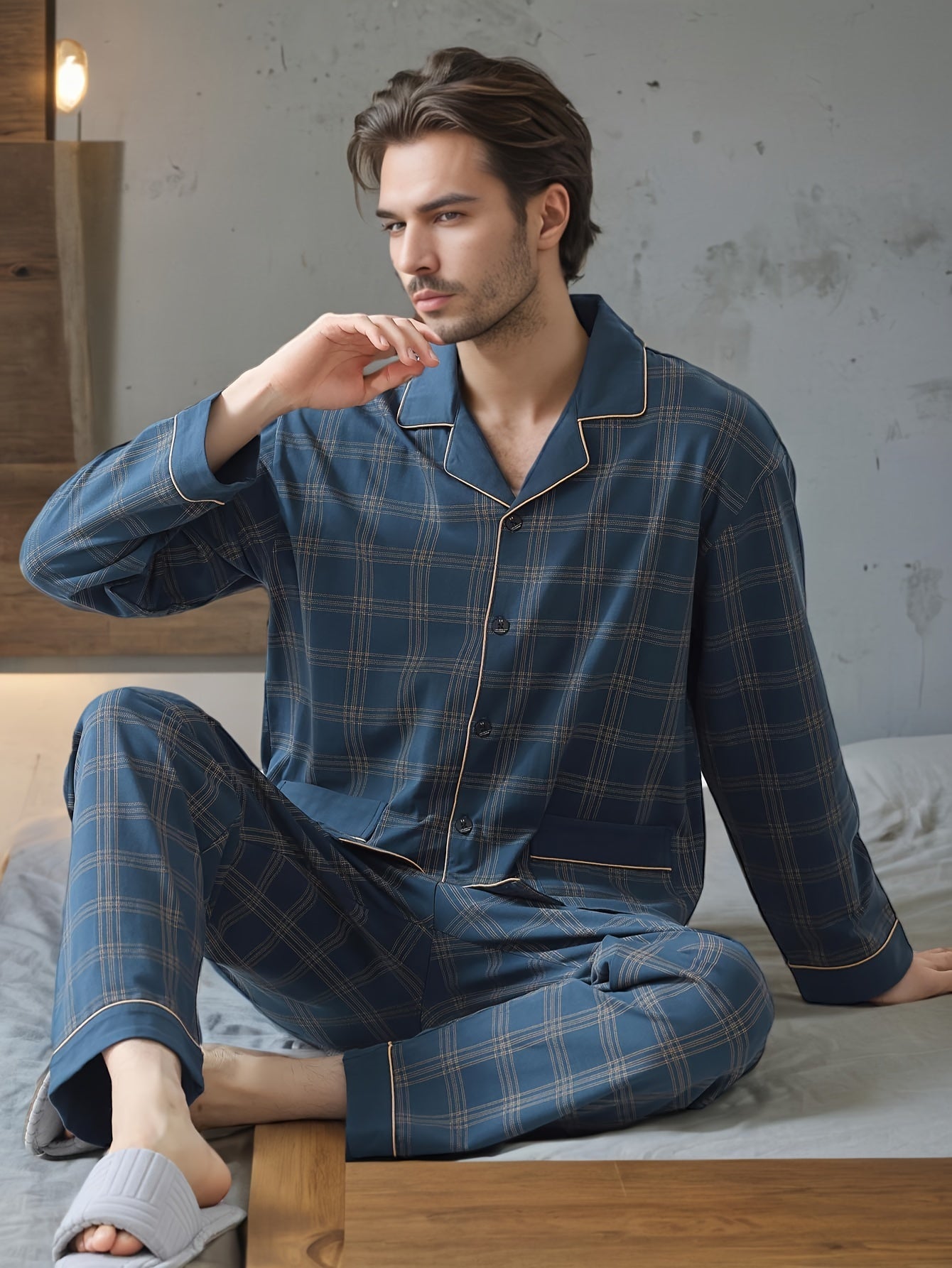 Men's spring and autumn two-piece pajamas with long sleeve trousers, cardigan, turnover collar, loose fit, casual plaid design for adults and youth.