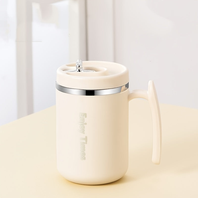 Stylish stainless steel coffee mug with straw, handle, perfect for office, reading, camping. Available in orange, light blue, cream, ideal for drinking coffee or tea.