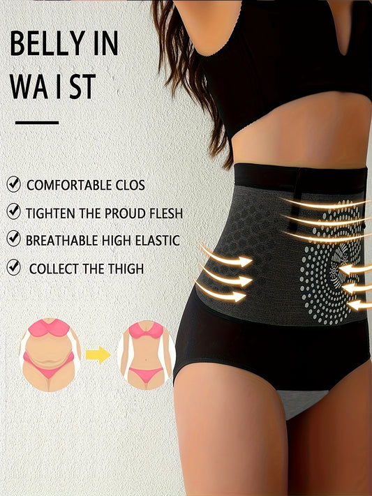 Stretchable black high-waist shapewear panties for women, made of nylon/spandex blend with breathable mesh fabric. Features tummy control and a flexible texture for comfortable slimming.