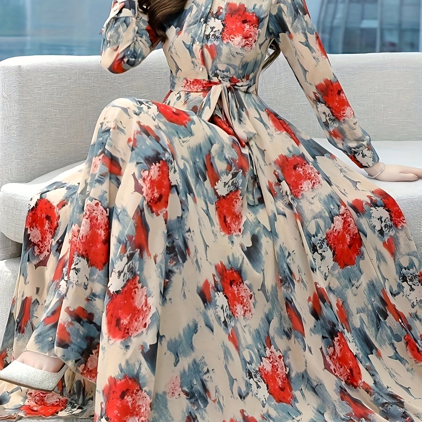 Women's elegant long sleeve floral maxi dress made of 100% polyester woven fabric with a lapel collar, A-line silhouette, and part of the Middle East Collection. Ideal for spring/fall.