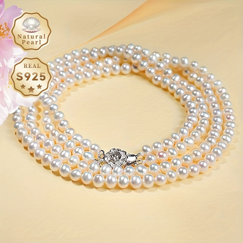 A double layer clavicle chain featuring a 1pc freshwater pearl necklace, sized 4-5mm with near-round pearls. Includes a gift box and options for brand selection. Made from natural gemstones.