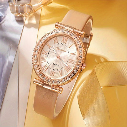 Luxurious 5-piece women's watch set with rhinestone quartz. Chic oval case with PU leather strap. Elegant gift for Mom or her. Fashionable timepiece with classic design.