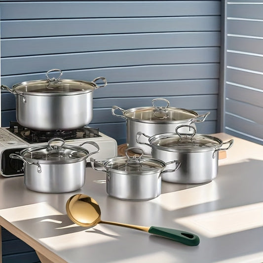 10-piece Household Stainless Steel Stockpot Set with Double Handles, High-sided Cooking Pot, and Horizontal Milk Pot