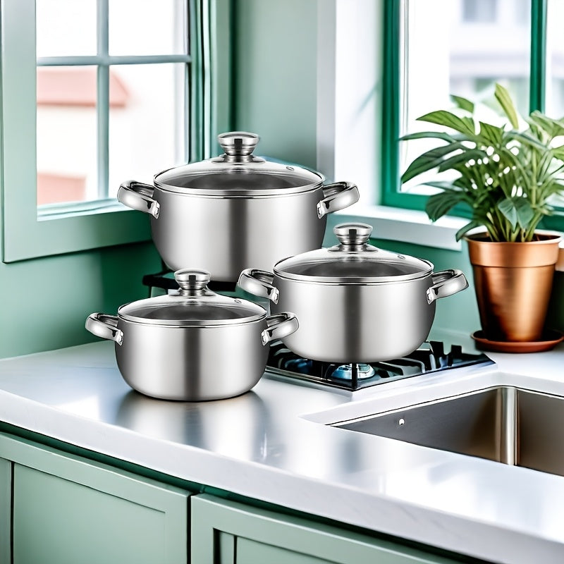 This set includes 6 pieces of stainless steel pots in total, featuring a silvery finish. It includes 3 pots and 3 lids, all equipped with stainless steel double handles and deep design, ideal for cooking soup, hot pot, noodles, pasta, and seafood soup.