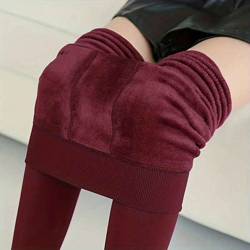 Women's fleece-lined pearl velvet leggings, warm and stretchy, solid color knit fabric, machine washable.