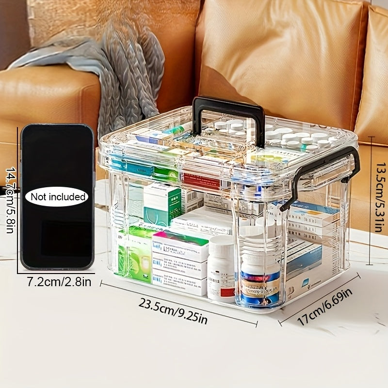 Large double-layer medicine organizer with transparent, waterproof storage for home and travel.