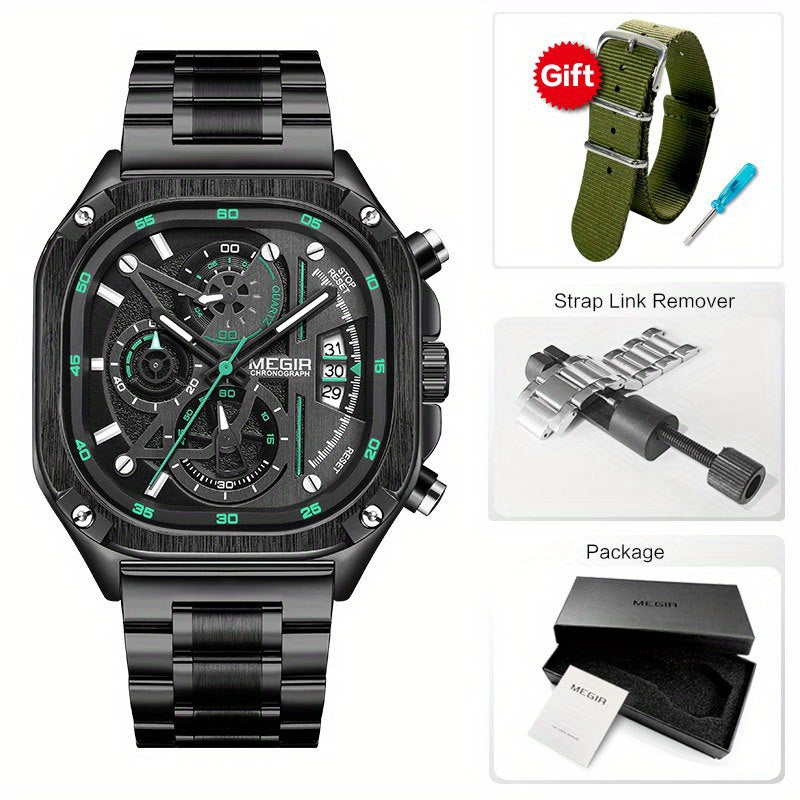 MEGIR Black Quartz Watch for Men with Chronograph, Stainless Steel Strap and Auto Date, Square Dial with Luminous Hands.