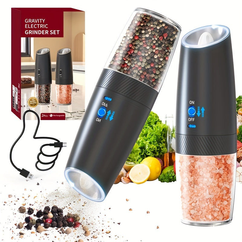 Set of 2 Electric Salt & Pepper Grinders - Rechargeable via USB, Type-C Charger, Adjustable Spice Mill with Gravity Sensor - Ideal for Kitchen and Dining