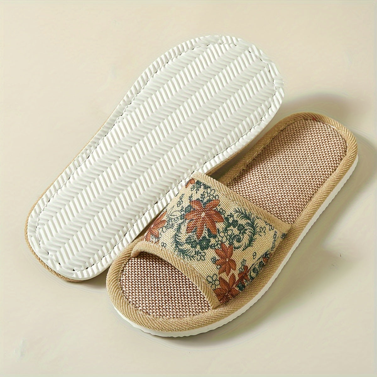 Womens Floral Linen Slippers with Soft Non-slip Sole for Home, Breathable Indoor Wear