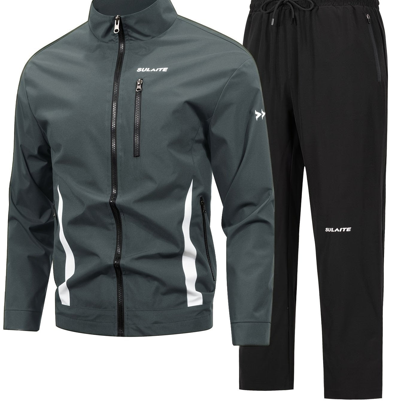 Green & black striped tracksuit set for men made of 100% polyester, suitable for machine washing. Features a zip-up jacket with stand collar and matching joggers, ideal for outdoor racing