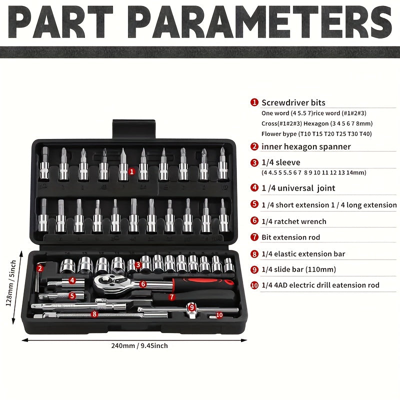 46pcs Ratchet Wrench Set made of durable Chrome-Vanadium Steel with Telescopic Extension Rod. Suitable for automotive and home repairs. Comes with premium storage box, uncharged and no