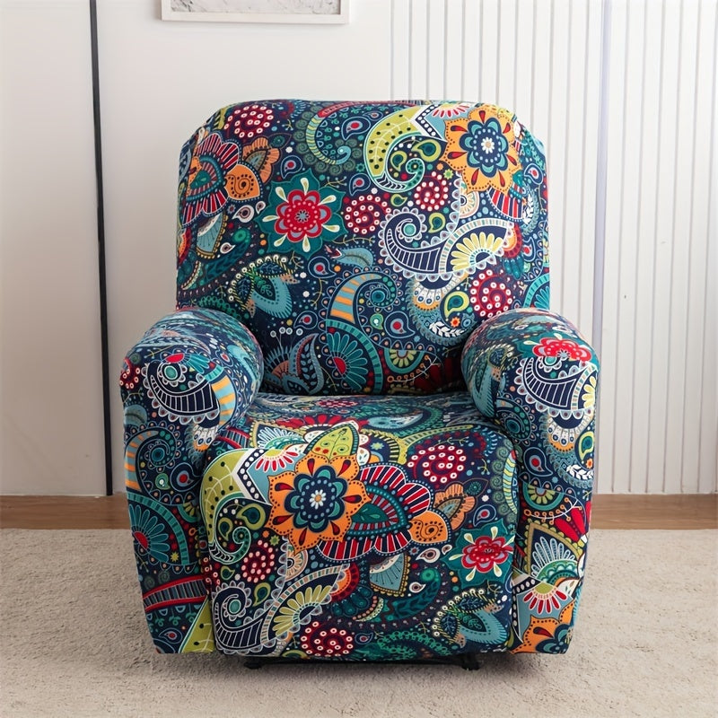 Boho recliner chair cover with pocket, non-slip, machine washable, blue color, made of polyester and spandex.