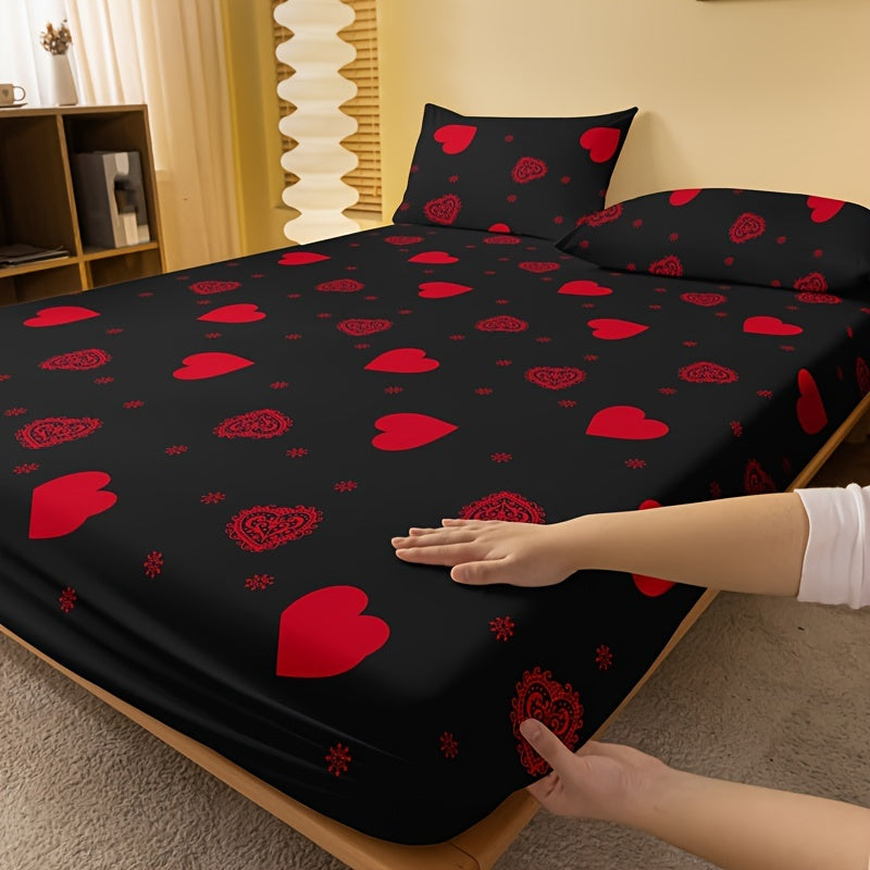 Brushed Fitted Sheet in Red Love Print, 1 Piece (Pillowcase Not Included). Soft and Comfortable Bedding Mattress Protector for Bedroom or Guest Room with Deep Pocket. Fitted Sheet Only.