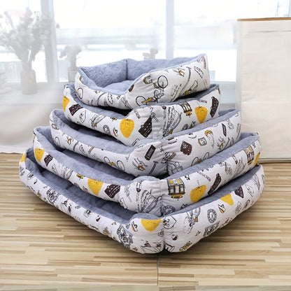 Soft light blue dog bed with newspaper print border, suitable for small, medium, and large dogs. Provides all-season warmth and comfort. Stylish and warm pet cushion.