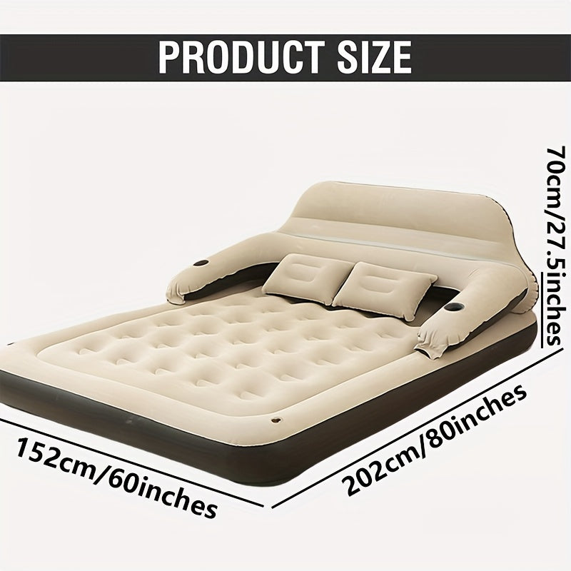 This inflatable air mattress features a headboard and stands at a height of 71.12cm. It has a comfortable flocked top and deep fill, made of plastic material with a polyester cover. The pump is included, requiring no electricity or battery. Perfect for