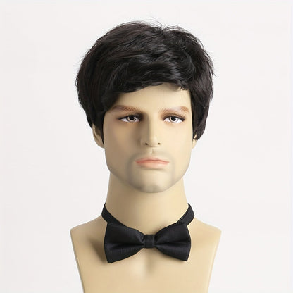 This stylish men's short curly wig features side bangs and is made of 10-inch synthetic fiber that is heat resistant and non-textile material. The black color and funky style make it perfect for everyday wear, parties, Halloween, and role-playing.