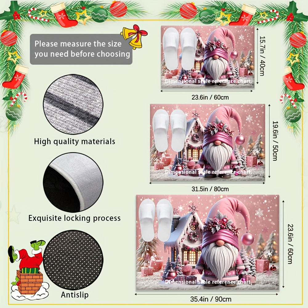 Welcome guests to your holiday home with the charming Pink Christmas Gnome Doormat! This 6mm thick mat is non-slip and machine washable, making it perfect for adding a festive touch to your decor. Ideal for holiday, gnome, and Christmas decorations.