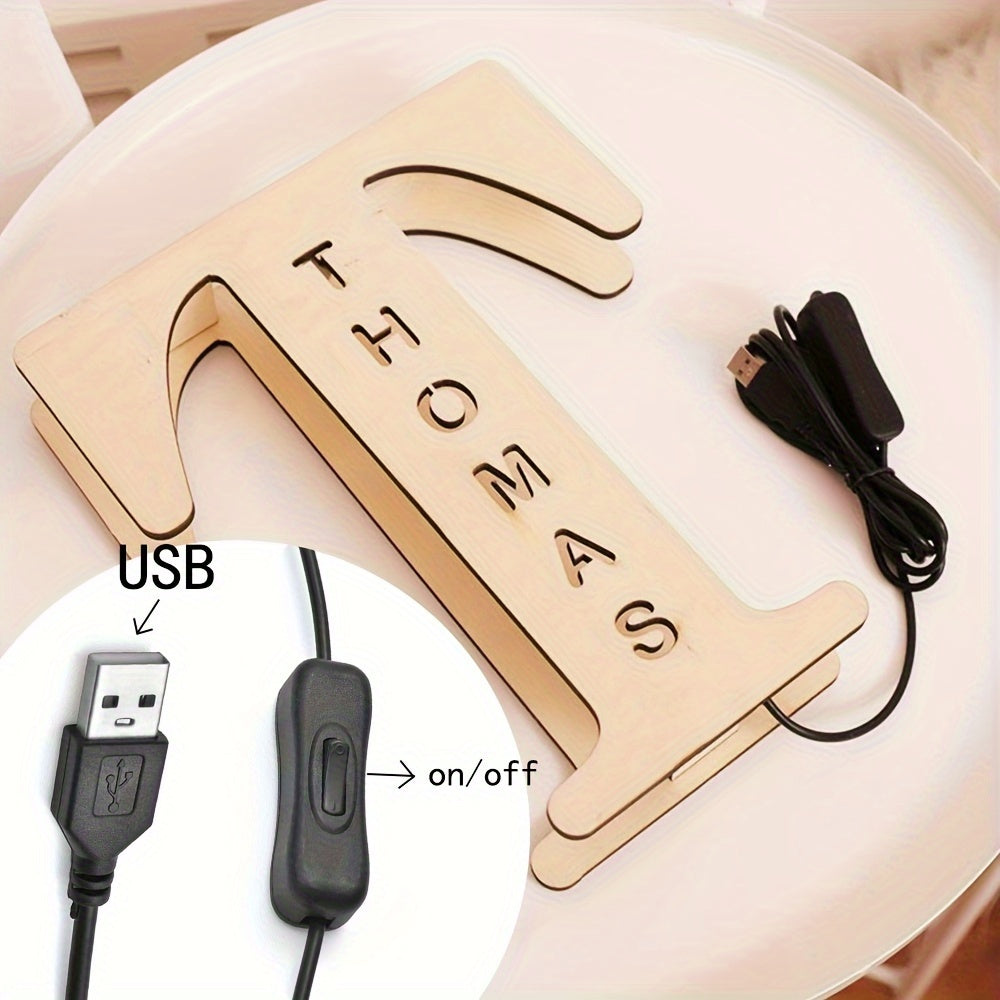 Custom LED letter night light for couples, friends, and family - personalized wooden wall lamp powered by USB. Ideal for bedroom decor with custom uppercase letters.