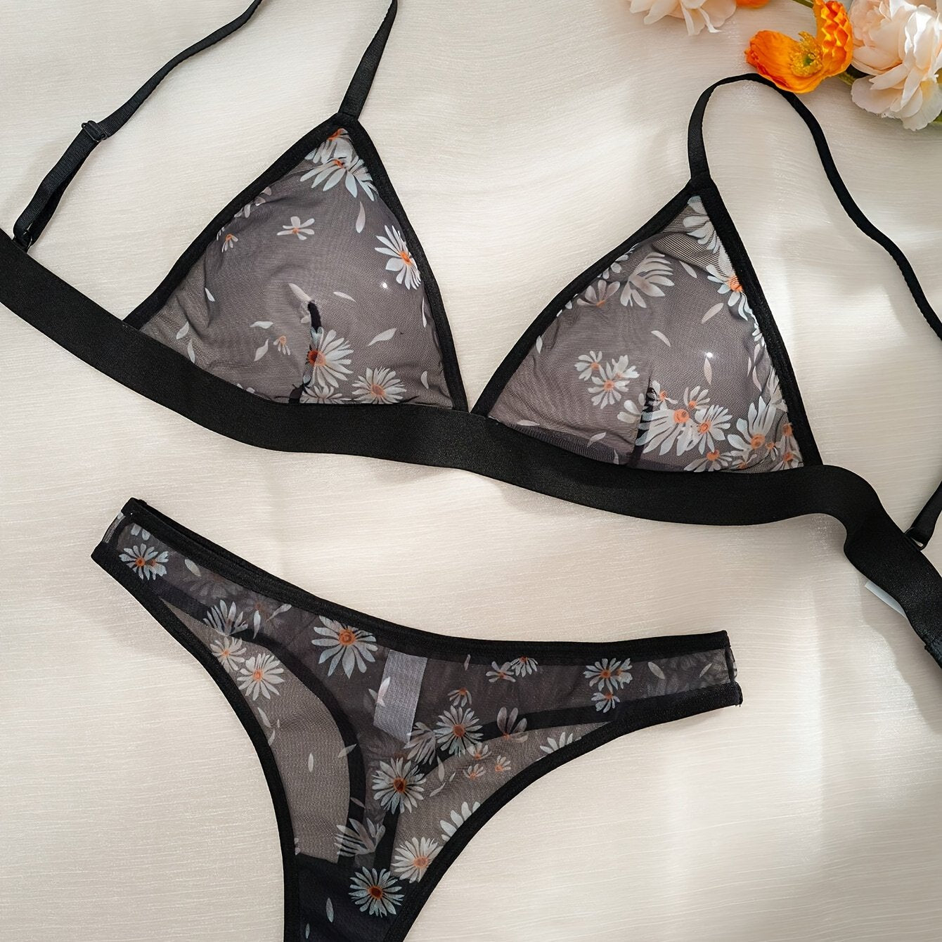 Triangle cup mesh printed thong set - 2 piece