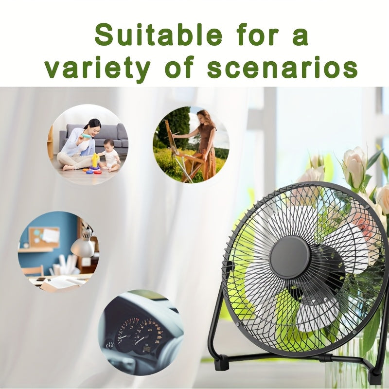 A portable USB plug-in desktop fan with a stylish 8-inch iron art design. Features 2-speed adjustable settings, 4 strong fan blades, and a 360° adjustable angle for maximum airflow.