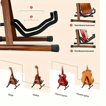 Guitar stand for acoustic, electric, bass, classic banjo, and multiple guitars, made of wood and portable with accessories.