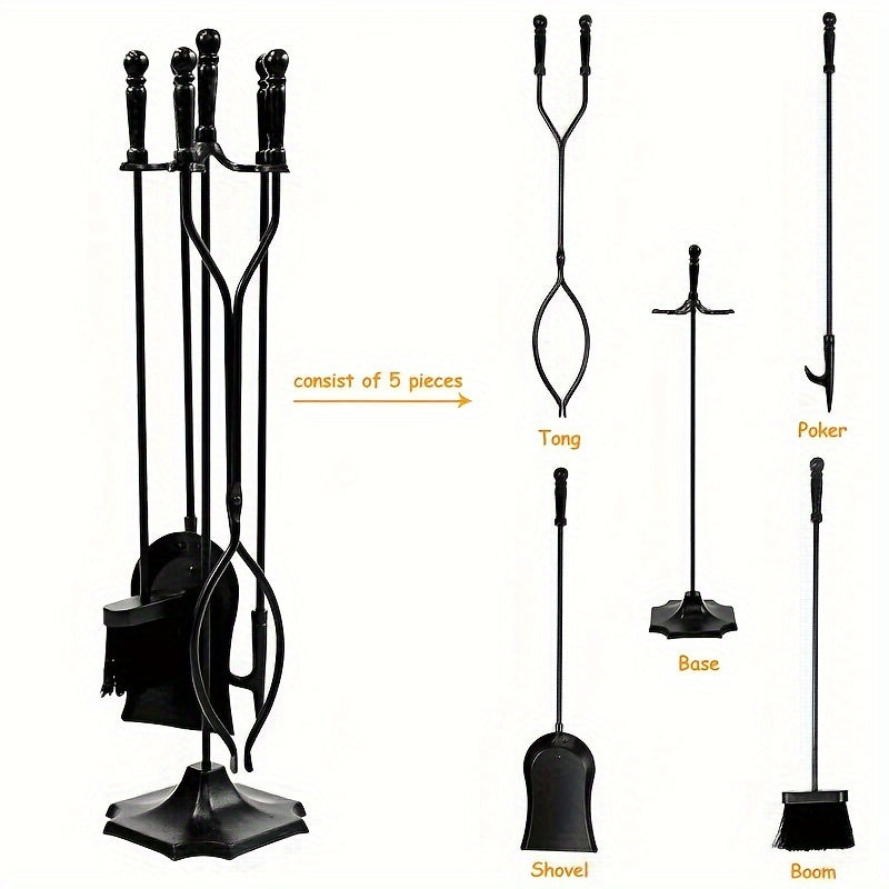 Black Metal Handle Wrought Iron Fireplace Accessories Set with Stand, Large Fire Pit Tongs, Amana Hair 5-Piece Fireplace Tool Set for Garden and Home Outdoor Use