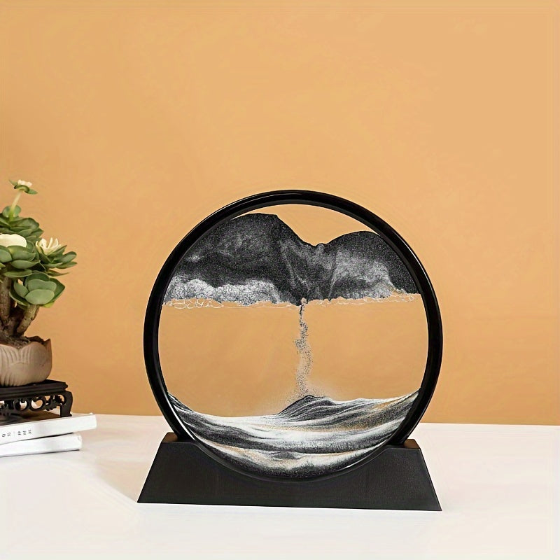 7-inch round glass frame with moving liquid sand picture depicting a 3D deep sea landscapes; no battery required.