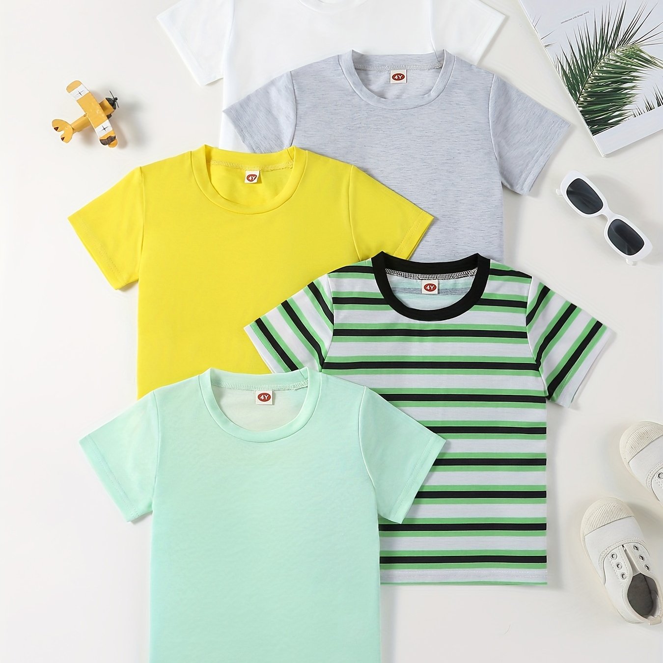 5 Men's Short Sleeve Summer T-Shirts in Striped and Solid Colors, Polyester Blend, Round Neck - Ideal for Running and Casual Wear