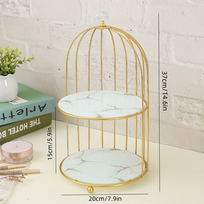 Golden cast iron birdcage cake stand for elegant dessert display in living room, perfect for snacks, fruit, and sweets.