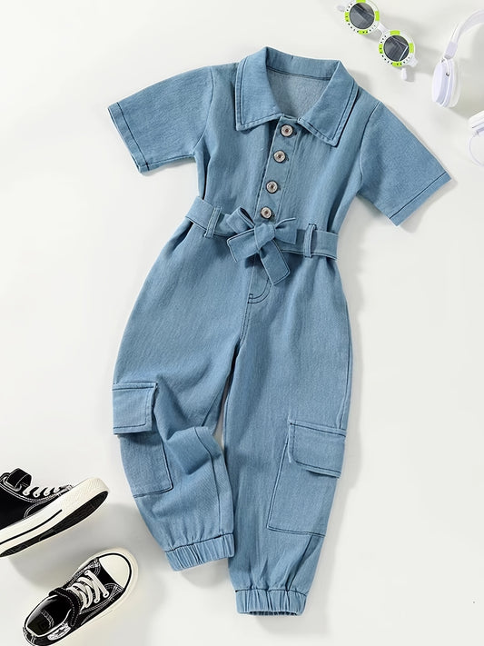 2021 trendy girls' denim overall dress with belt, casual style, cotton, non-stretch, machine washable, solid color, long length for summer, perfect for outdoor activities.