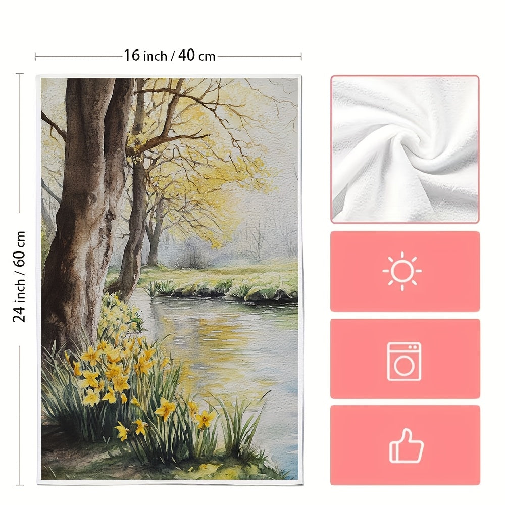 Set of 2 Ultra Soft Kitchen Towels featuring a "Spring Morning" Scenic Design showcasing Yellow Trees & Daffodils. These highly absorbent towels are machine washable, perfect for holiday decor. Measuring 40.64x60.96 cm, these absorbent dish towels are a