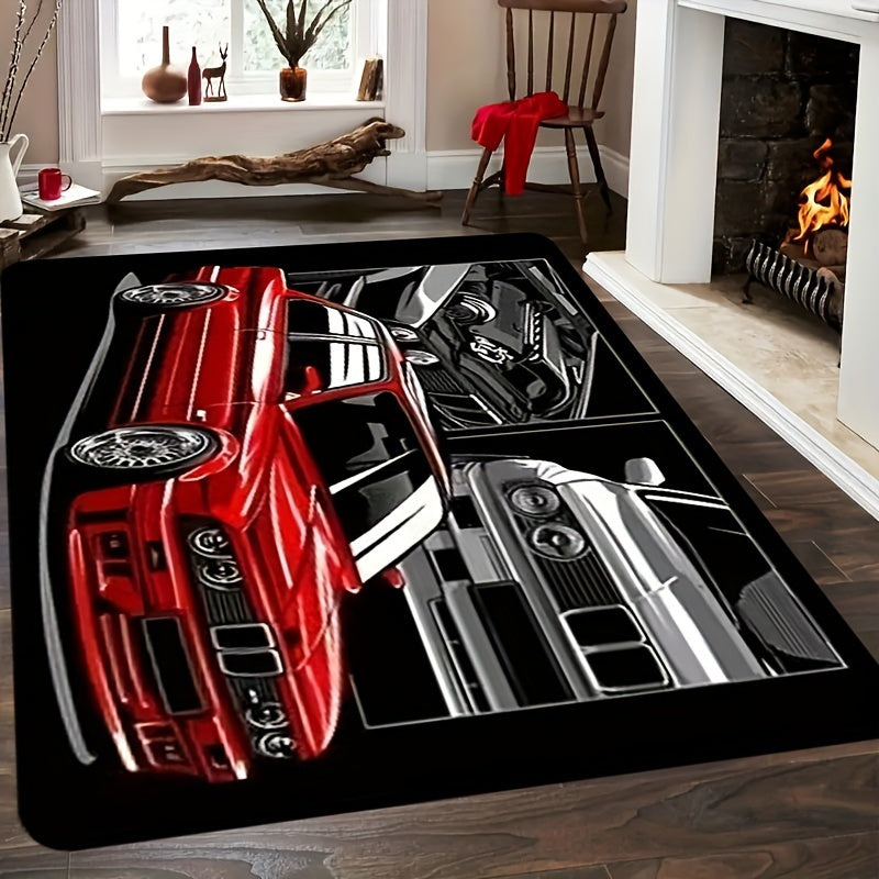 Add a touch of speed to your living room with the 1pc Racing Car Pattern Area Rug. This comfortable and non-slip rug is perfect for the bedroom and can be machine washed for easy maintenance. Use it as a fashion floor mat or doormat to enhance your home